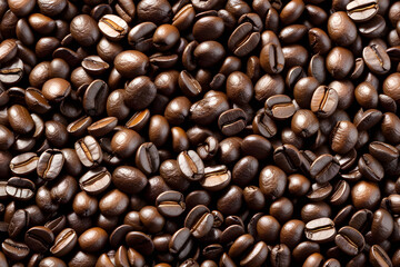 Obraz premium Roasted coffee beans background. Top view. Coffee background