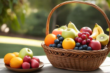 Sunlit assorted fruit basket outdoors - obrazy, fototapety, plakaty