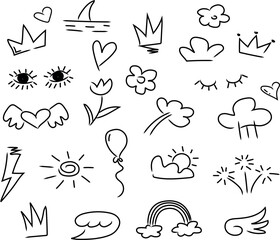 Hand drawn with black pen, heart, cloud, star, crown, flower, vector image