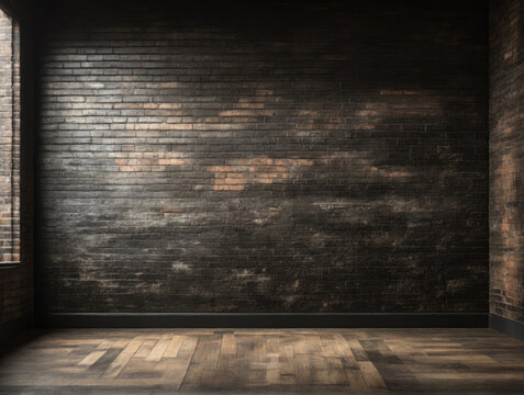 Grunge room interior with old brick wall and wooden floor