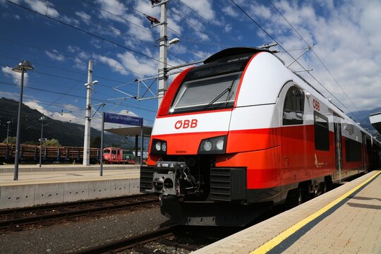 CARINTHIA, AUSTRIA - AUGUST 11, 2022: Siemens Desiro passenger train of Austrian Federal Railways OBB at Spittal an der Drau railway station in Carinthia, Austria.