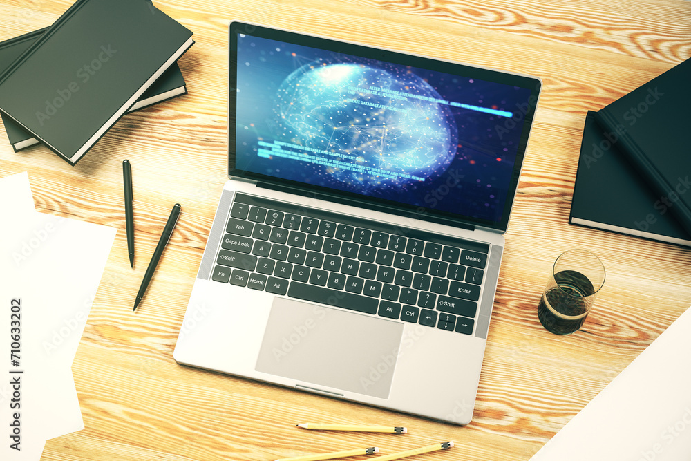 Fototapete modern computer screen with abstract creative coding sketch and world map, artificial intelligence a