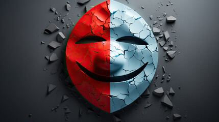 Abstract Art Mask Half red and half blue face , Bipolar disorder, Mental healthy .