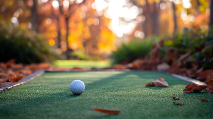 mini golf ball on course in autumn with leaves seasonal background - obrazy, fototapety, plakaty