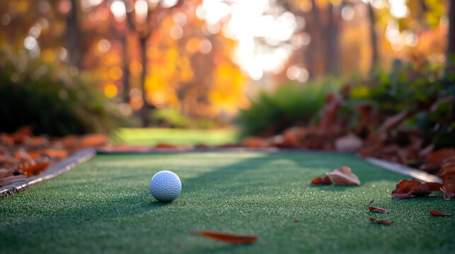 mini golf ball on course in autumn with leaves seasonal background