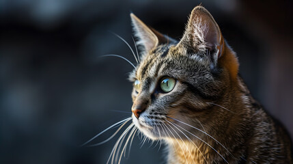 Fototapeta premium Tabby Cat Profile Closeup with Green Eyes and Whisker Details on Dark Background