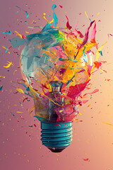 Broken lightbulb with exploded pieces in colorful artistic style 