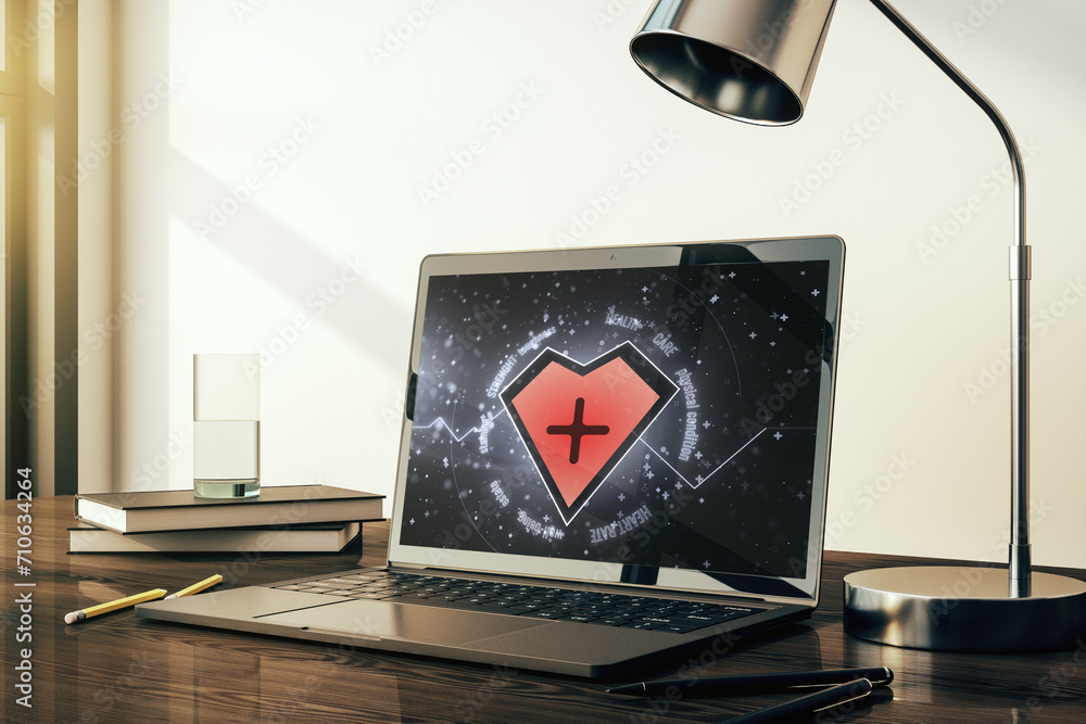 Poster Creative abstract heart pulse hologram on modern computer monitor, online medical consulting concept. 3D Rendering