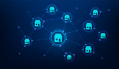shop franchise branch global digital technology on blue background. business marketing strategy delivery success. vector illustration hi-tech design. © Yellow duck