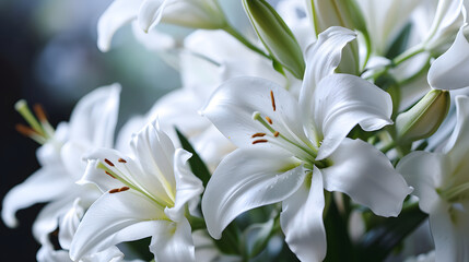 Fototapeta na wymiar Elegant White Lilies Close-Up with Soft Focus Background