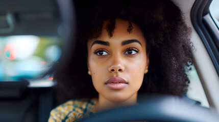 Serious African American Woman Looking in Car Rearview Mirror