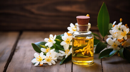 Fototapeta na wymiar Jasmine essential oil in a glass dropper on background of jasmine flowers.