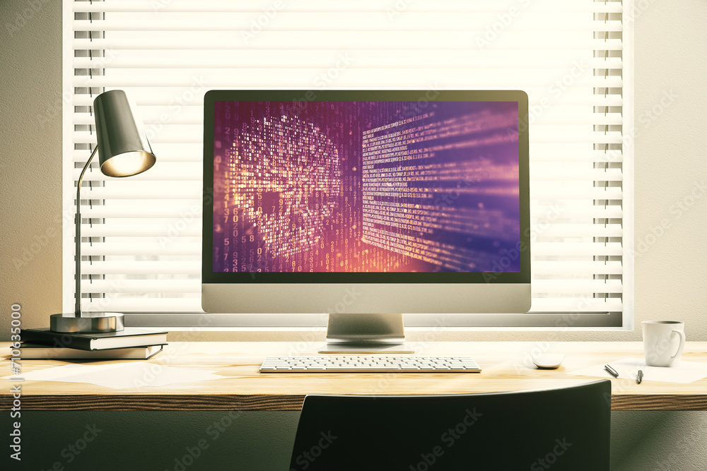Fototapete creative concept of code skull illustration on modern laptop screen. hacking and phishing concept. 3