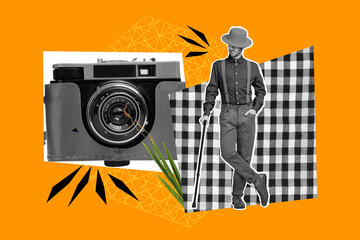 Creative poster collage of young retro mister posing vintage camera photographing weird bizarre...