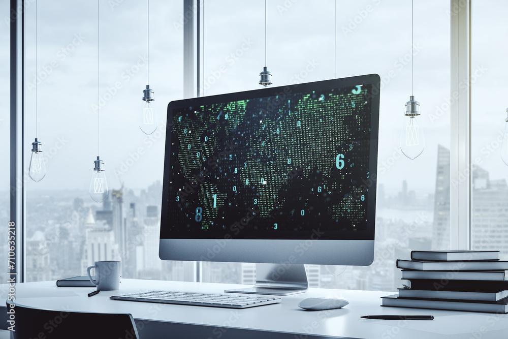 Poster Abstract creative coding concept with world map on modern laptop screen. 3D Rendering