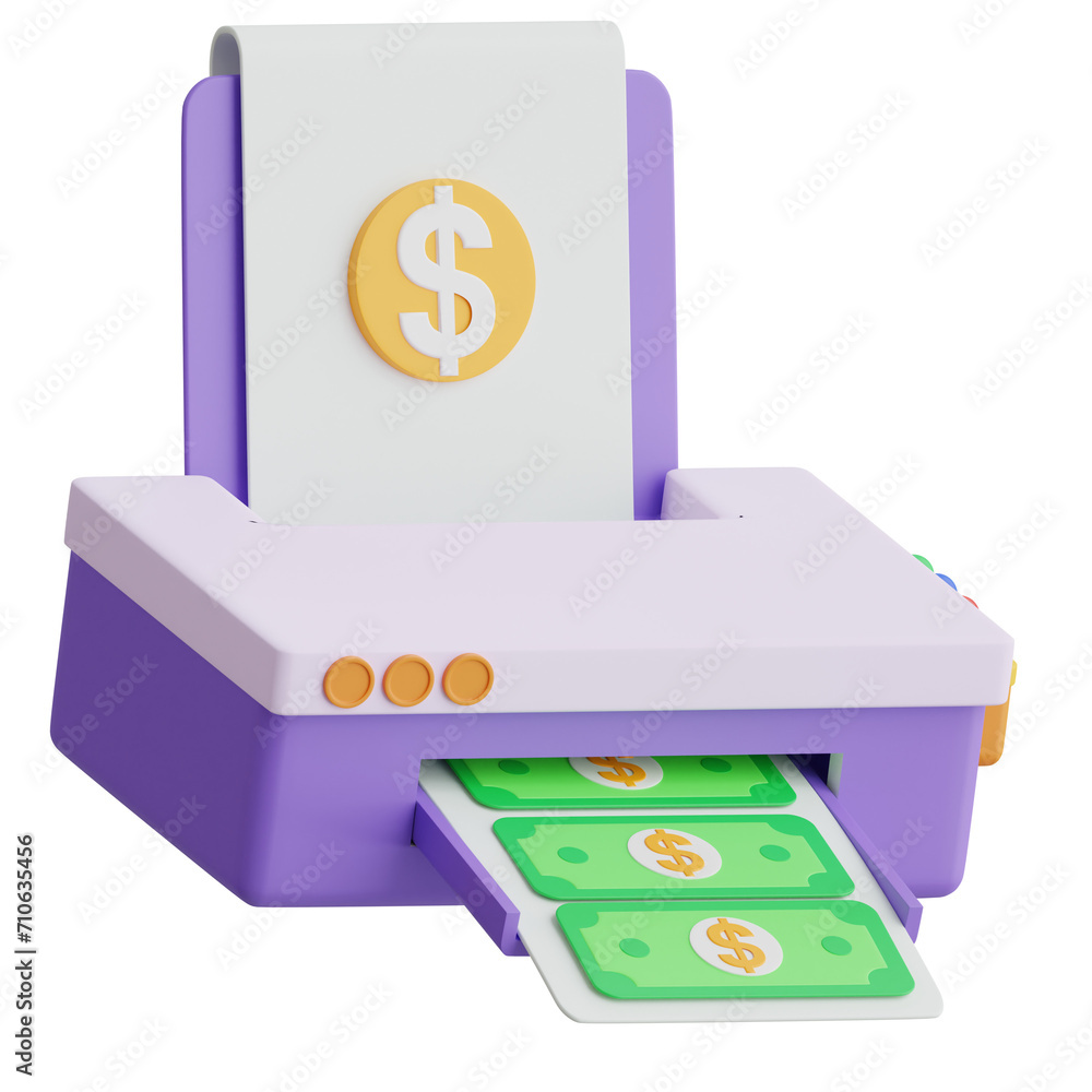 Poster 3d printing money model authority behind printing money. 3d illustration, 3d element, 3d rendering. 