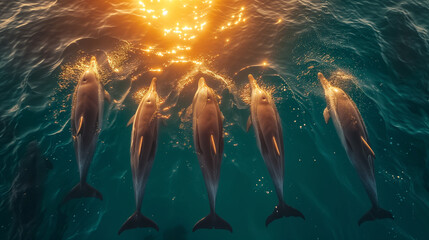 Drone shot of a pod of dolphins - obrazy, fototapety, plakaty