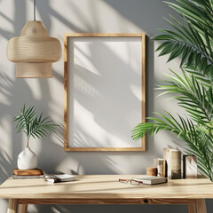 interior designs with table, lamp, frame and books, wooden frame mockup in warm neutral minimalist Japandi interior with plant