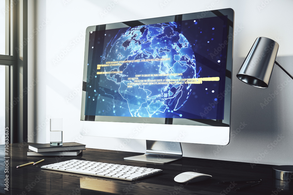 Leinwandbilder abstract creative coding concept with world map on modern laptop screen. 3d rendering