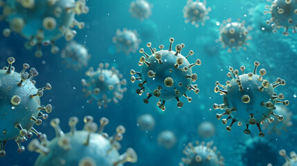 Fototapeta na wymiar corona virus flu outbreak, covid-19 , microscopic view of floating influenza virus cells, Generative AI