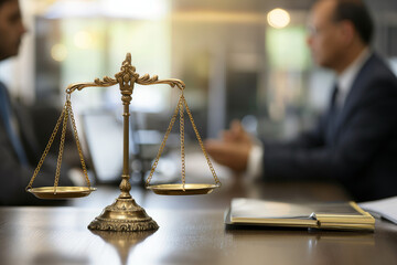 scales of justice, Lawyer in office with brass scale on wooden table justice and law concept