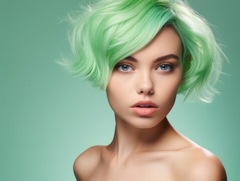 advertising skin care, beautiful woman model, vibrant green hair, in the style of beauty