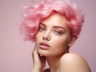 advertising skin care, beautiful woman model, vibrant pink hair, in the style of beauty