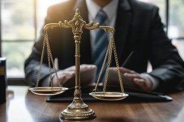 scales of justice, Lawyer in office with brass scale on wooden table justice and law concept - obrazy, fototapety, plakaty