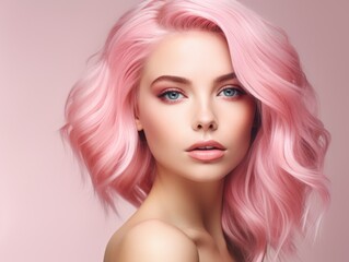 advertising skin care, beautiful woman model, vibrant pink hair, in the style of beauty