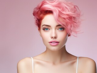 advertising skin care, beautiful woman model, vibrant pink hair, in the style of beauty