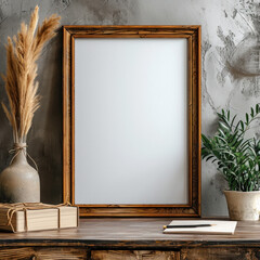 interior designs with table, lamp, frame and books, wooden frame mockup in warm neutral minimalist Japandi interior with plant
