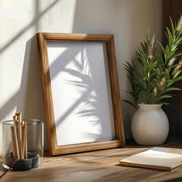 interior designs with table, lamp, frame and books, wooden frame mockup in warm neutral minimalist Japandi interior with plant
