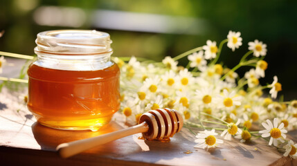 Sweet spring herbal honey in jar with honey dipper. Fresh chamomile flowers
