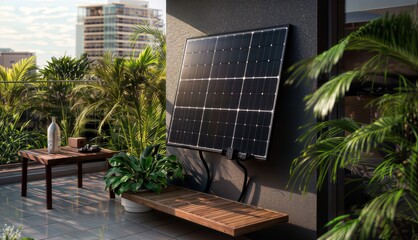 Solar panel installed on the terrace. 3D rendering concept.