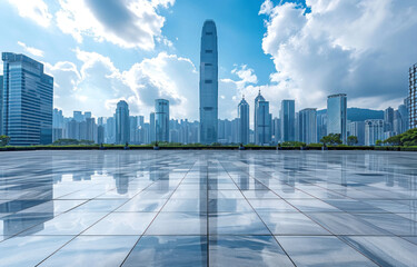 Empty square floors and city skyline with modern buildings scenery 