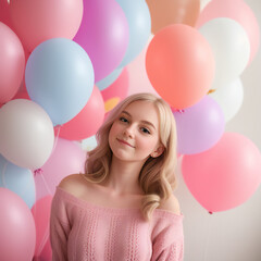 Fototapeta na wymiar Portrait of a beautiful young woman with colorful balloons in the background.