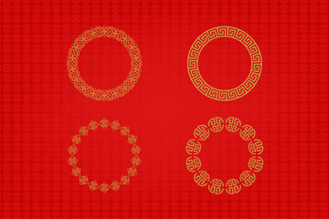 Chinese frame or border set on red background. traditional asian ornaments, golden oriental