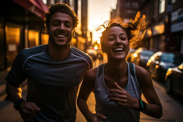 Active Couple Jogging Together in Beautiful Urban Park - obrazy, fototapety, plakaty