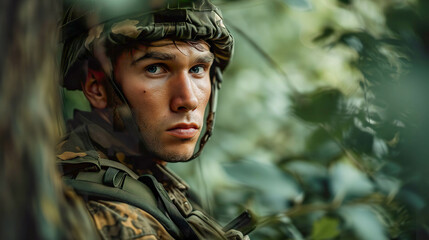 Fototapeta premium Young Soldier in Military Uniform, Emotionless Forest Stare