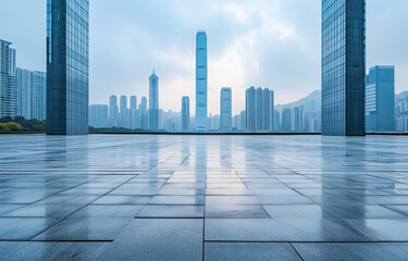 Empty square floors and city skyline with modern buildings scenery 