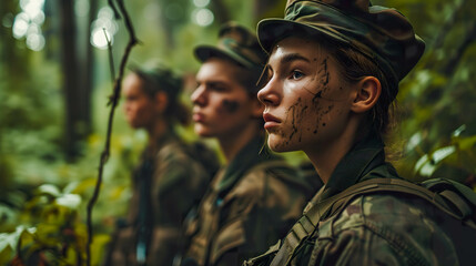 Obraz premium Group of young soldiers in military uniform standing in a forest