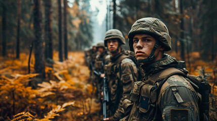 Group of young soldiers in military uniform standing in a forest - obrazy, fototapety, plakaty