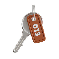 3D Room Key Model Access to Relaxation. 3d illustration, 3d element, 3d rendering. 3d visualization isolated on a transparent background