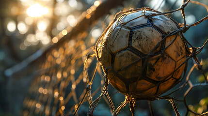 Fototapeta na wymiar Soccer Ball Breaking Goal Net, Dynamic Sports Moment