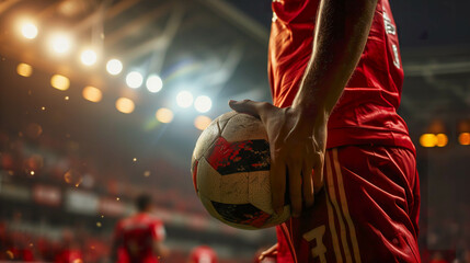 Unrecognizable Football Player Holding Soccer Ball, Stadium Action
