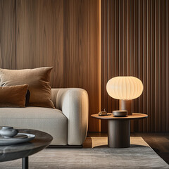 Elegant and Contemporary Home Decor, Close-Up of Chic Lamp on a Side Table Beside a Luxurious Fabric Sofa Set Against a Warm Wooden Paneling Wall in a Minimalist Modern Living Room Interior