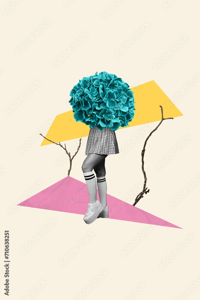 Poster Vertical collage image of flourish flower stand mini black white effect girl legs tree branch isolated on drawing creative background