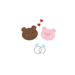 Two teddy bears and two diamond engagement rings in love at a wedding