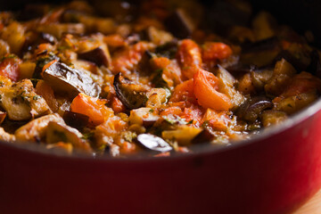 Homestyle Goodness: Eggplant Stew in Pan Close-Up