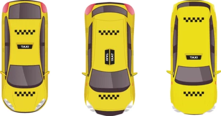 Afwasbaar Fotobehang Auto cartoon top view flat cartoon of yellow taxi transport car vehicle